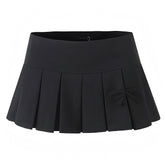 Black Bow Slim Fit Pleated Low Rise Mini Skirt Skort